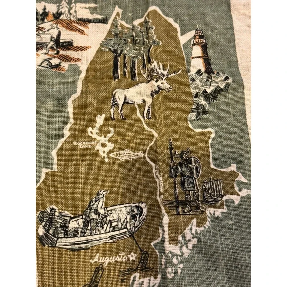 Vintage Linen Tea Towel Kay Dee 100% Linen New England Map States Rhode Island